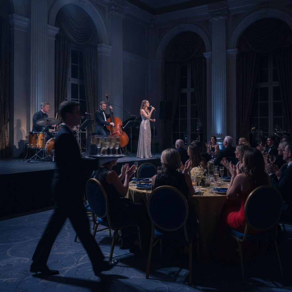 Live band on a gala stage with guests at round tables under blue and gold lighting in an elegant ballroom setting