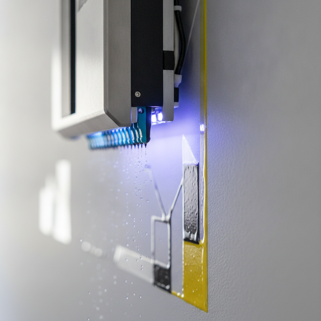 Close-up of UV wall printing head curing ink droplets on an interior wall, showing direct-to-wall process and LED light