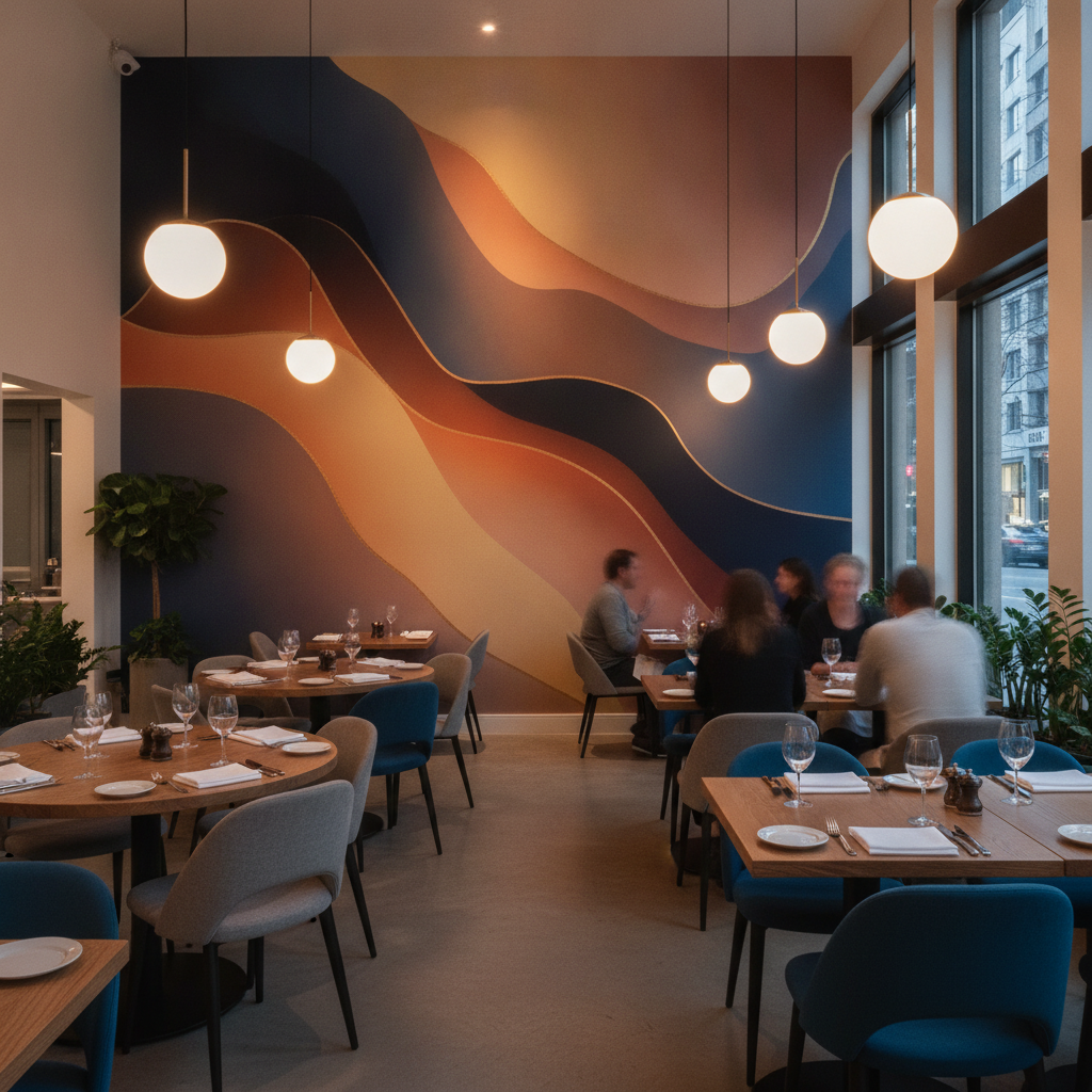 Contemporary restaurant interior showcasing a vivid direct-to-wall UV printed feature mural with warm ambience