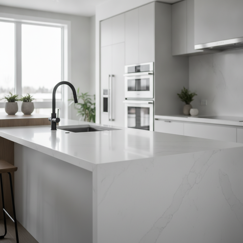 Luxury Windermere Edmonton kitchen with quartz island and stainless appliances, example of modern homes for sale in Windermere Edmonton Alberta