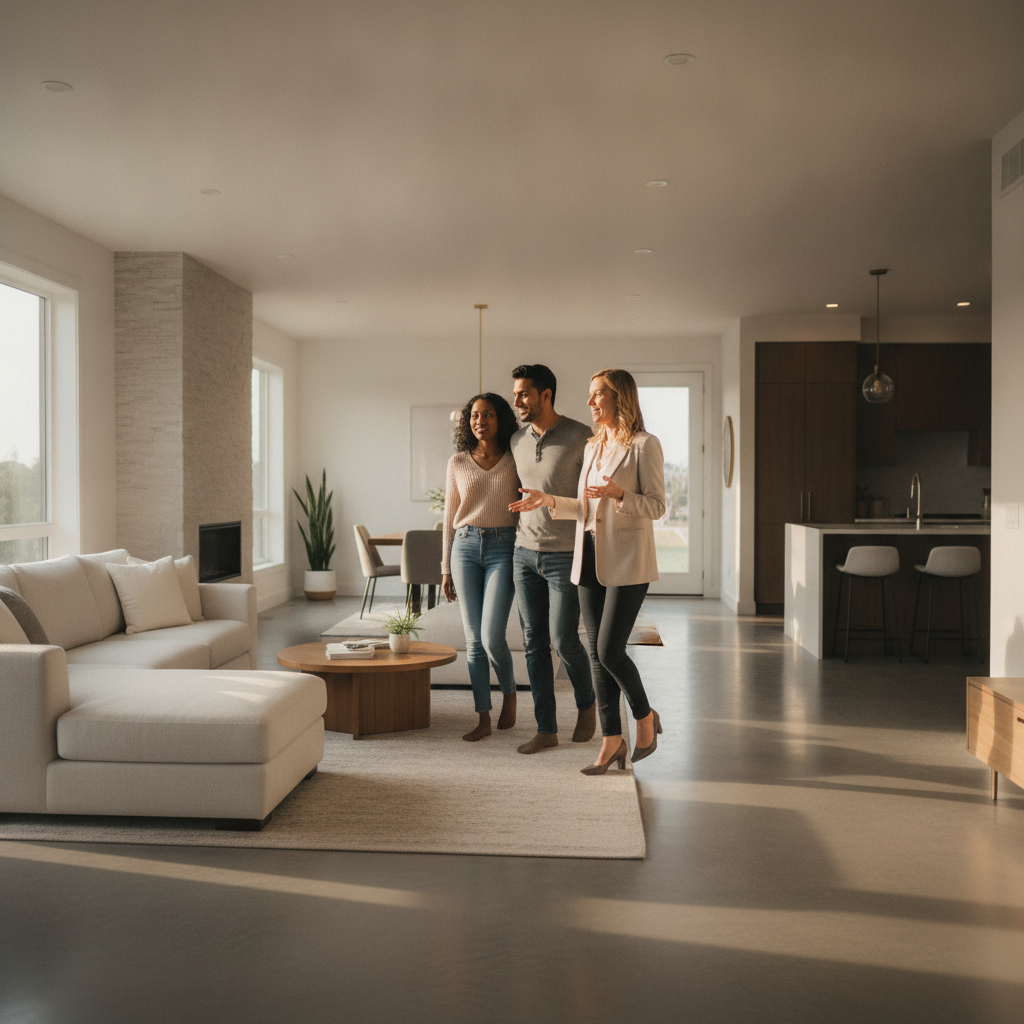 Windermere Edmonton home tour with real estate agent guiding buyers through a bright living room