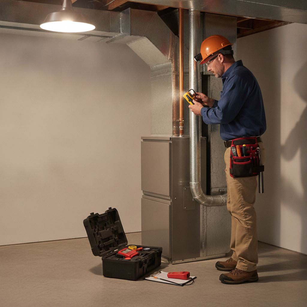 Home inspector evaluating furnace and ductwork as part of due diligence when buying a residential property in Ontario
