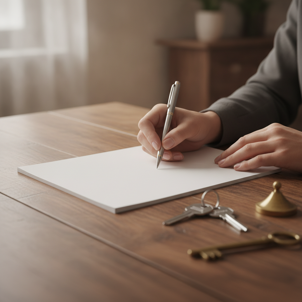 Signing a purchase agreement while buying a residential property; keys and documents organized for due diligence