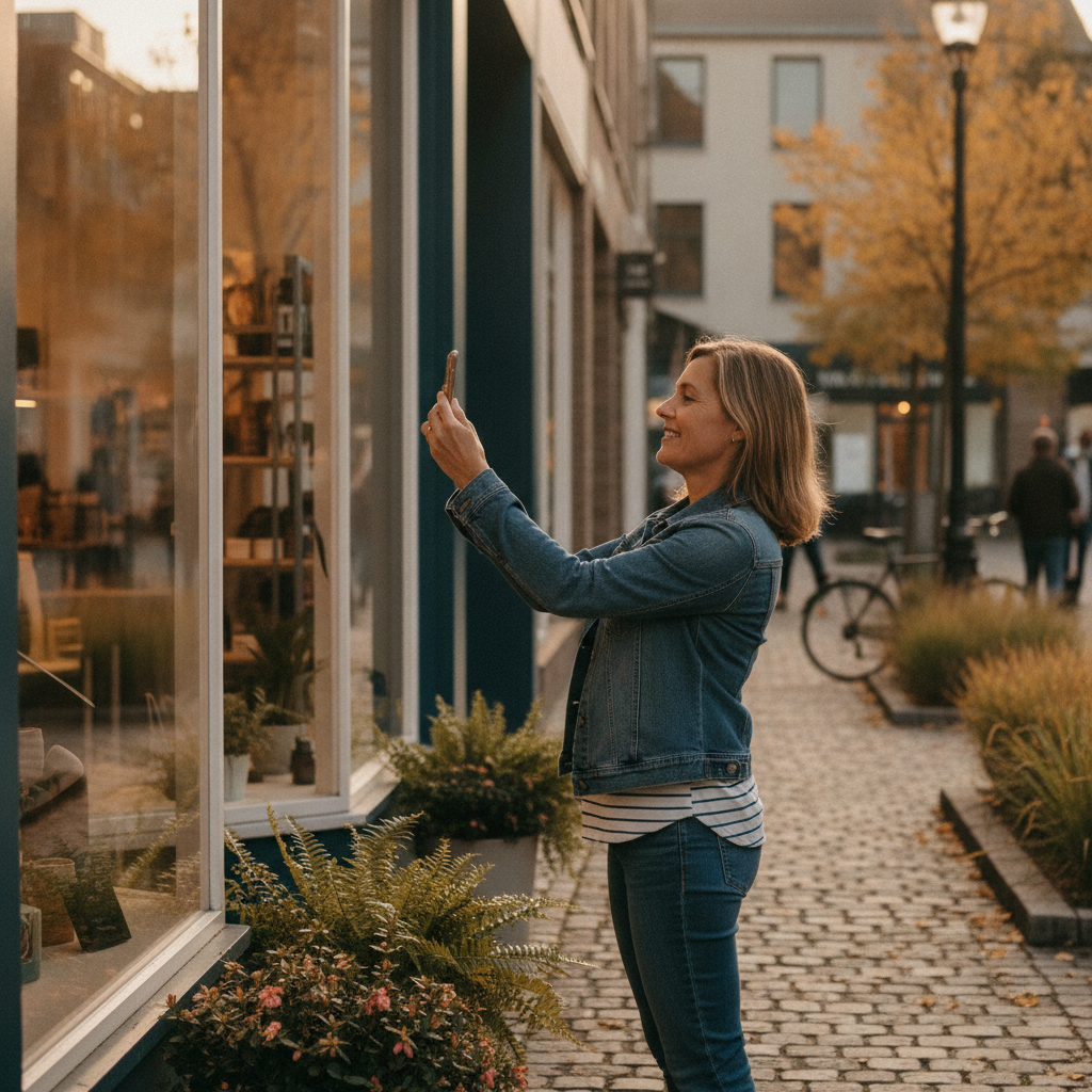 Local business owner capturing storefront photo for Google Business Profile to support local SEO in Woodbridge
