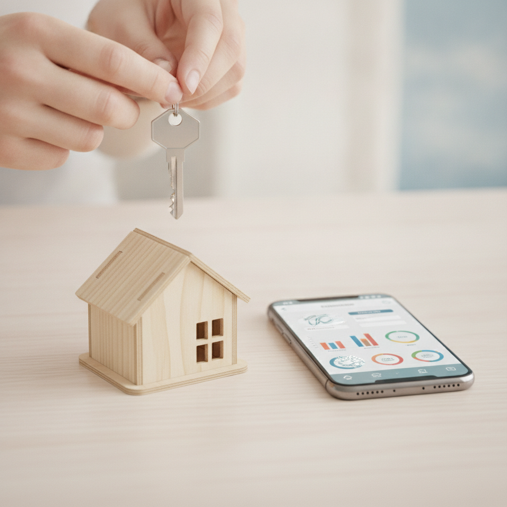 Close-up of keys, a small home model, and a phone displaying a loan comparison concept for finding the best way to get a mortgage loan