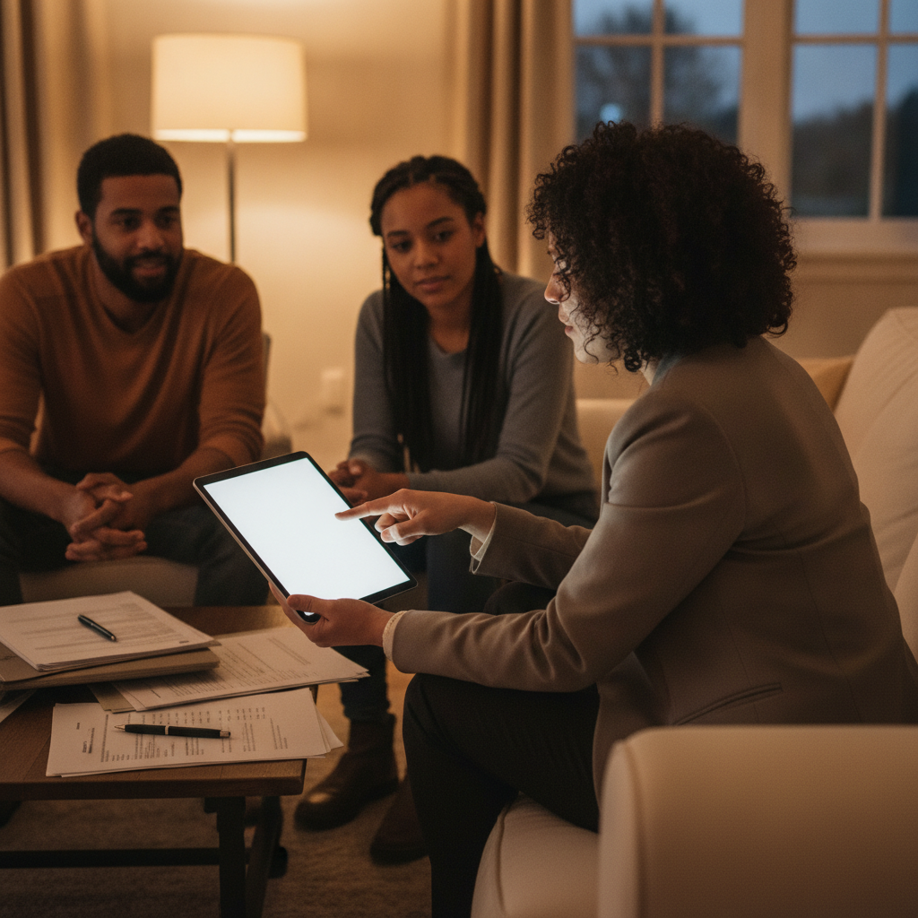 Mortgage broker meeting with clients in a living room to review loan documents and application steps