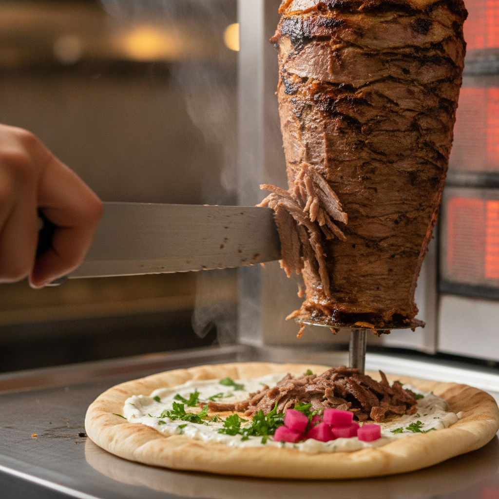 Close-up of authentic shawarma carved onto warm pita with garlic sauce and pickled turnips for Old Toronto event catering
