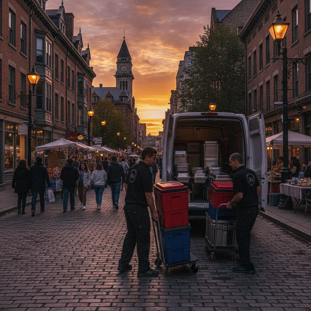 Catering delivery team loading insulated food carriers and trays for an Old Toronto event at sunset