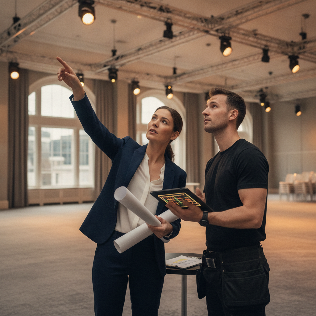 Planner coordinating with lighting technician during London venue walkthrough, timeline and floor plan in hand