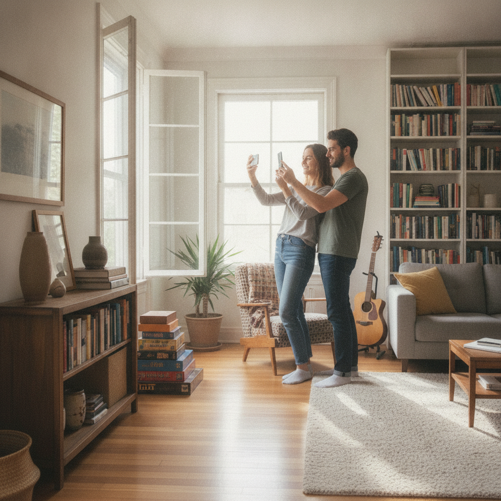 Couple creating a home inventory with a smartphone in a bright living room to support homeowners insurance coverage decisions in Ontario