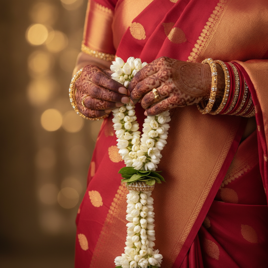 Close-up of bridal mehndi hands adjusting jasmine garland and bangles for London South Asian wedding planning