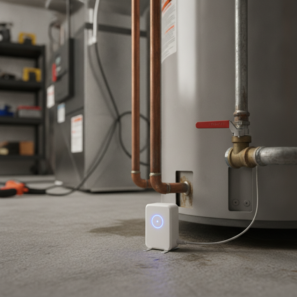 Close-up of a smart water leak sensor near a water heater, illustrating home insurance risk prevention for Ontario homeowners