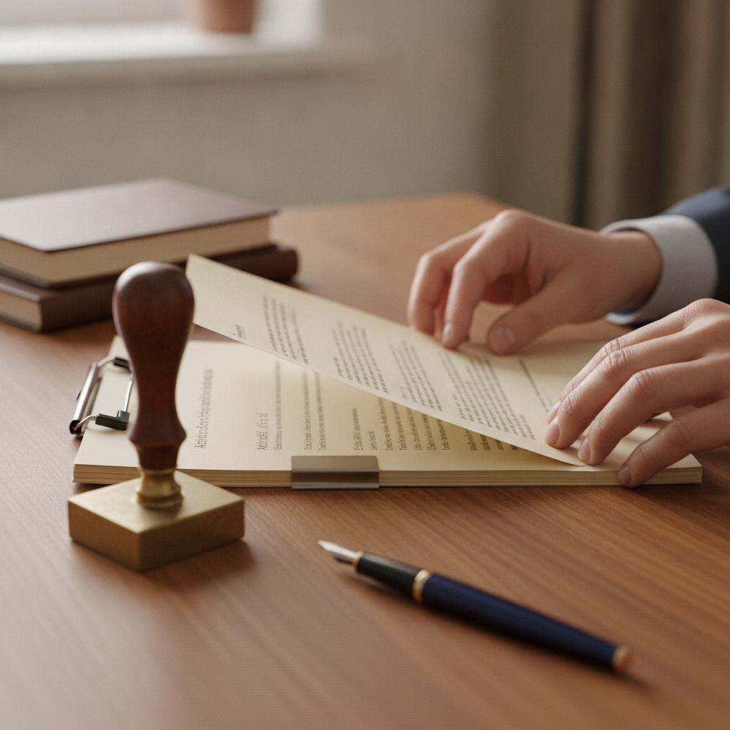 Close-up of incorporation paperwork being organized with stamp and pen, illustrating the right order to register a business in Canada