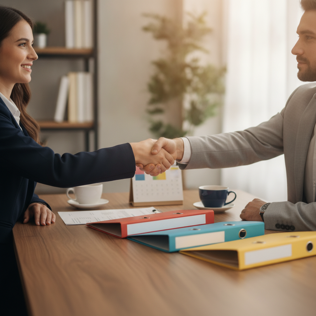 Small business owner shaking hands with a consultant after completing vendor registrations and permits in the right order