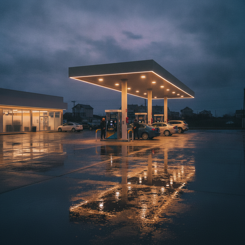 Completed gas station canopy at dusk with LED lighting, wet pavement reflections, and safe fueling in Texas