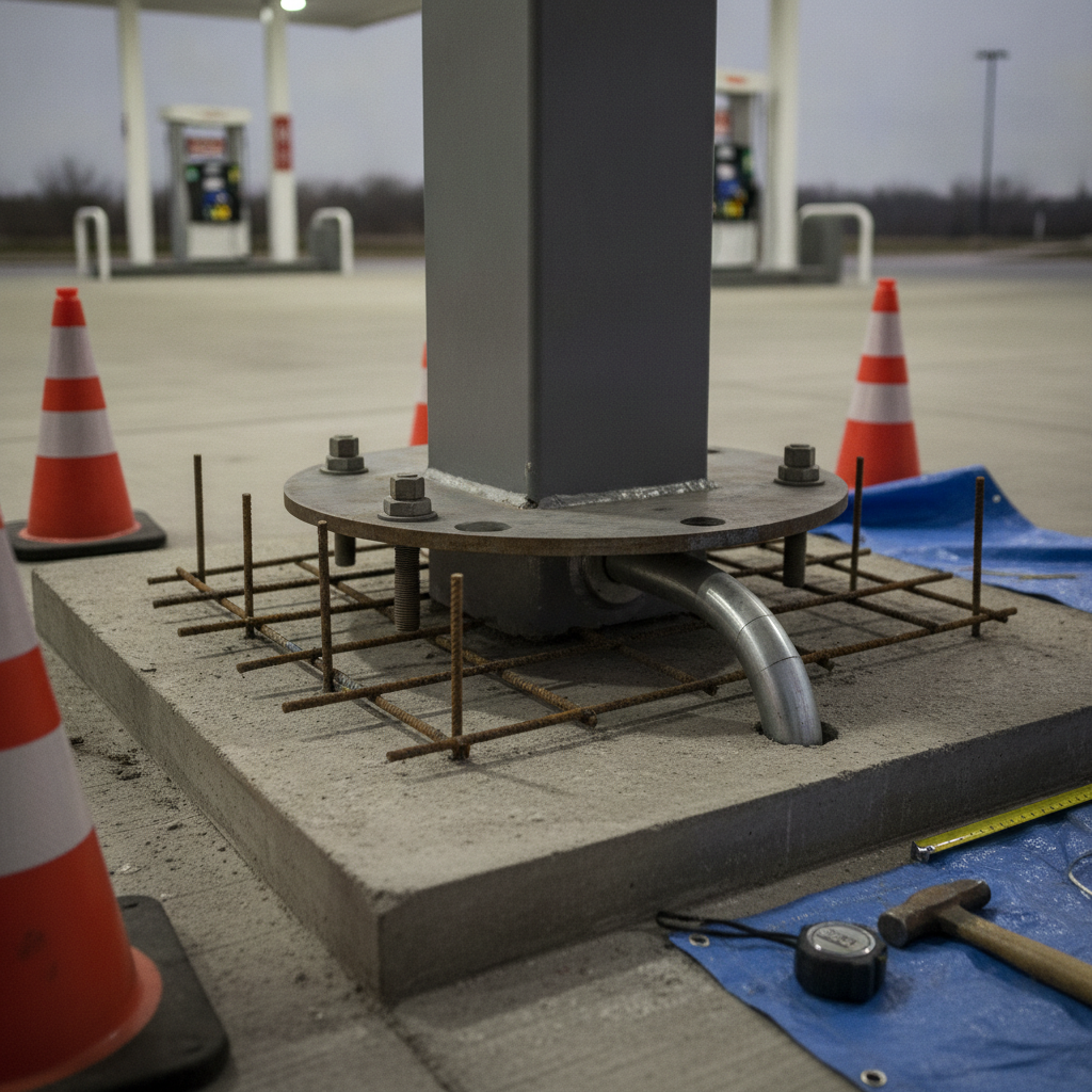 Close-up of gas station canopy construction base plate, anchor bolts, and electrical conduit for Texas projects