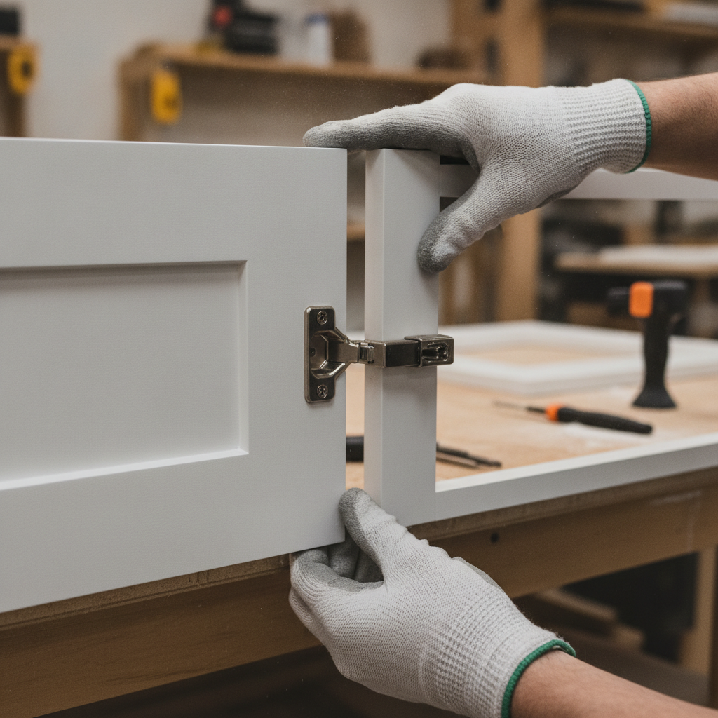 Affordable Kitchen Renovations: Save More, Stress Less in 2026 1 Cabinet refacing detail during affordable kitchen renovations showing new MDF shaker door and soft-close hinge installation