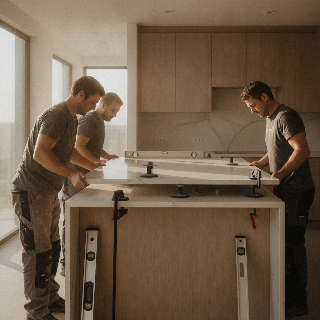 Affordable Kitchen Renovations: Save More, Stress Less in 2026 2 Installers placing a quartz countertop slab during an affordable kitchen renovation in the GTA