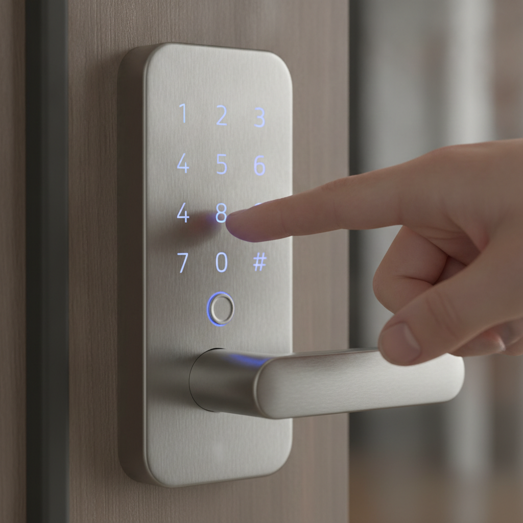 Close-up of a smart lock keypad used for secure access at a modern home entry in the GTA