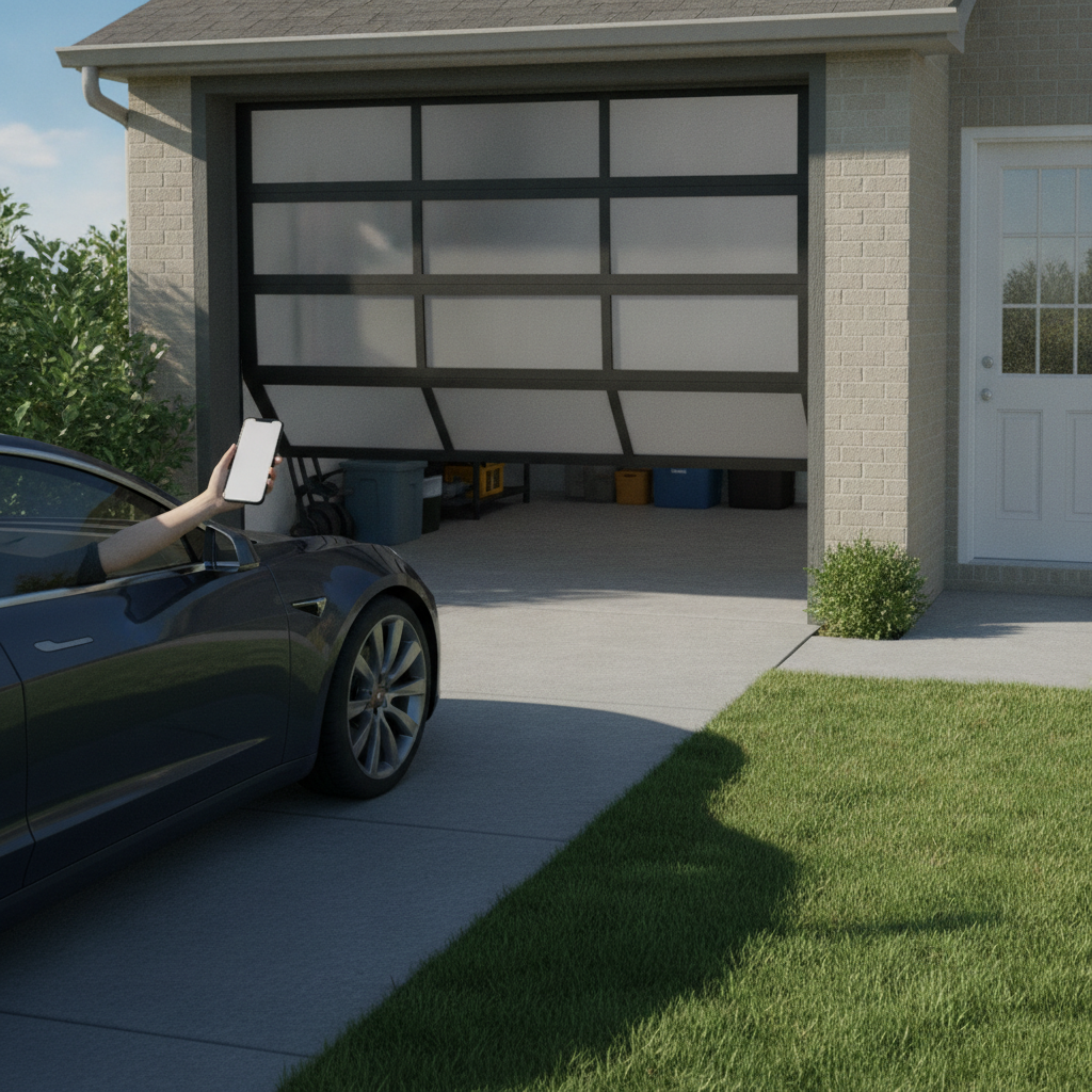 Garage and gate secure access scene with a smartphone controlling a residential opener in the GTA