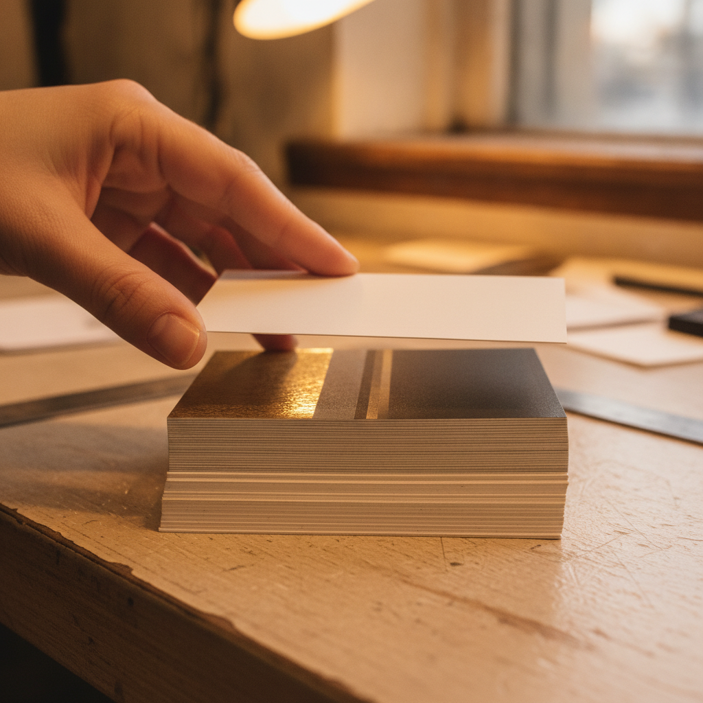 Hand flipping through premium business card finish swatches—foil, soft touch, spot gloss—on a print shop counter in Mississauga, exploring painted edge business card alternatives
