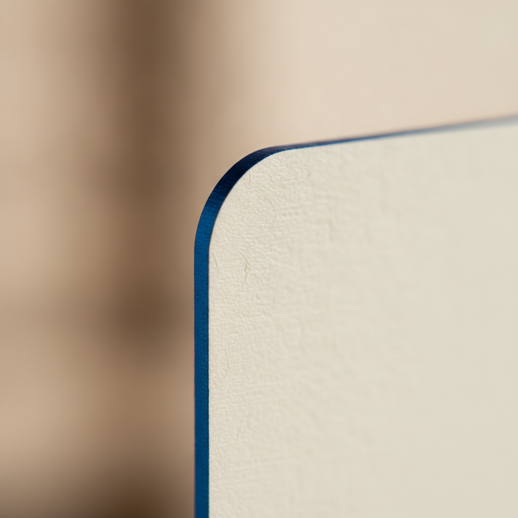 Macro close-up of premium business card corner with colored edge and fine paper texture, ideal for painted edge business card alternatives