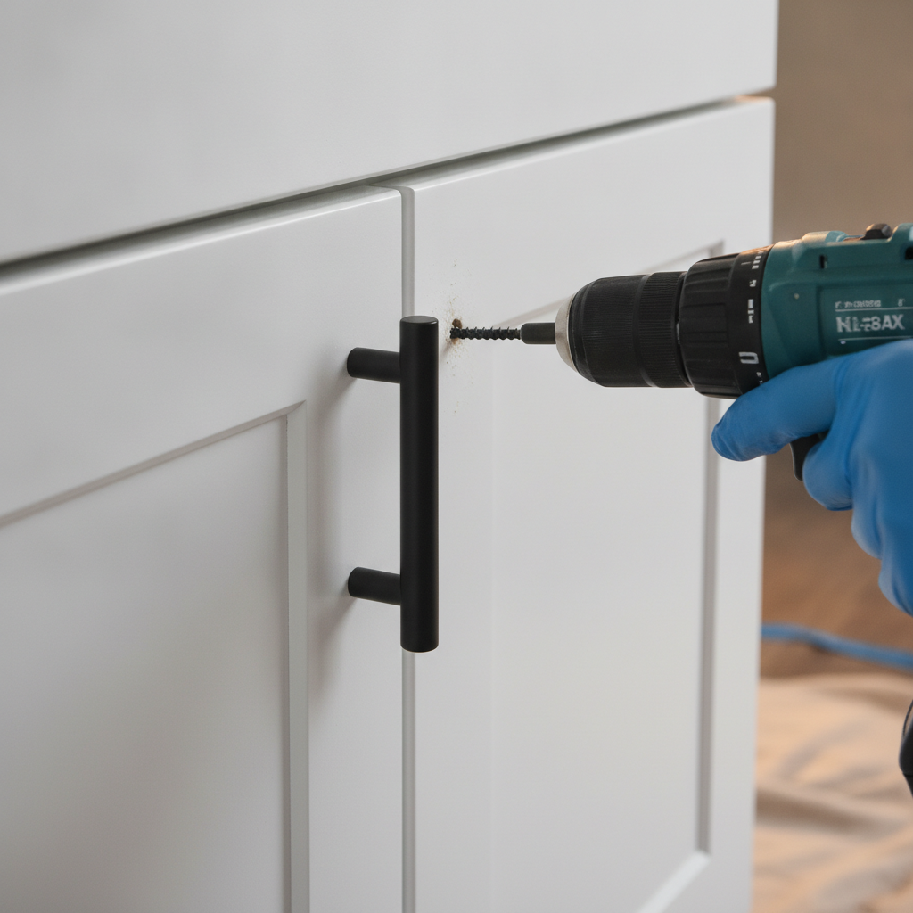 Detail shot of a budget kitchen renovation: freshly painted cabinet door with new matte black pull handle being installed, demonstrating high-impact hardware swap
