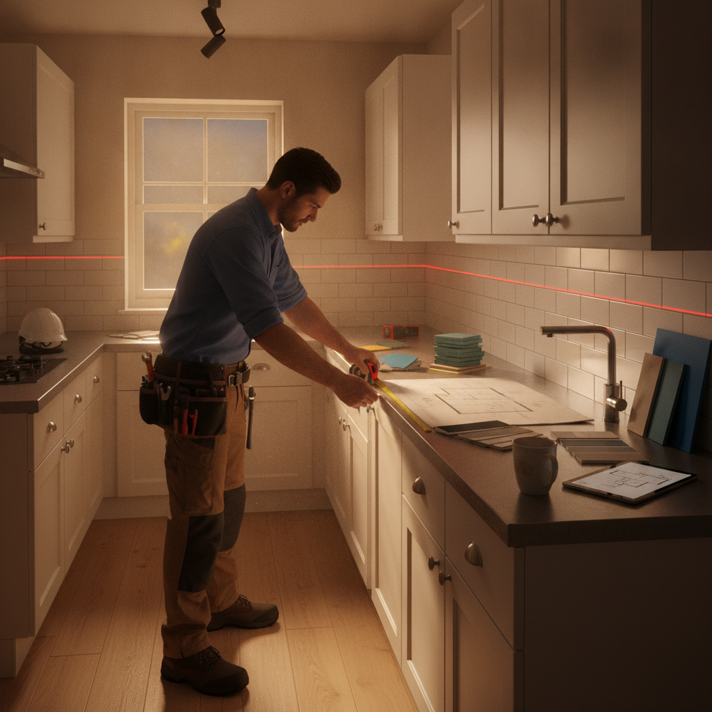 Contractor measuring a compact galley kitchen with tape and laser, plans and material samples on the counter for a budget kitchen remodel in Ontario