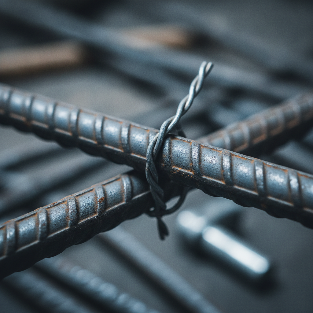 Close-up detail of 15M rebar ribbing pattern with tie wire for calculator checks and fabrication QA