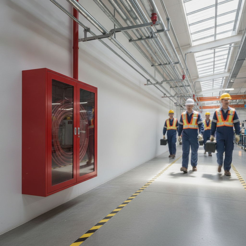 Manufacturing corridor with overhead sprinklers, hose cabinet, and safety floor stripes illustrating integrated fire protection equipment and signage