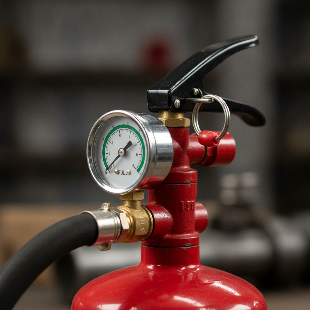 Close-up of ABC fire extinguisher valve and gauge illustrating reliable fire protection equipment maintenance