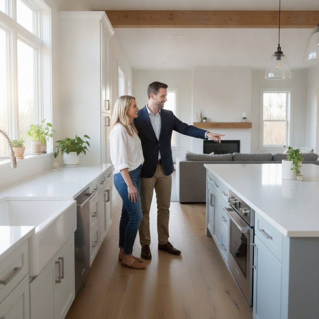 Homebuyers touring a sunlit kitchen while a professional points out features, illustrating scheduling and negotiation supported by a social real estate marketplace
