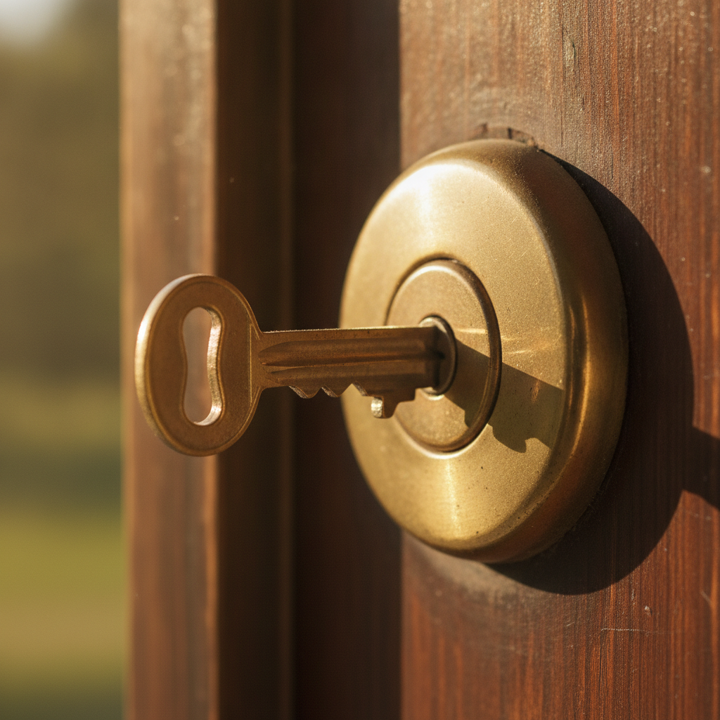 Close-up of a house key in a front door lock symbolizing closing day and secure real estate transactions on a social real estate platform