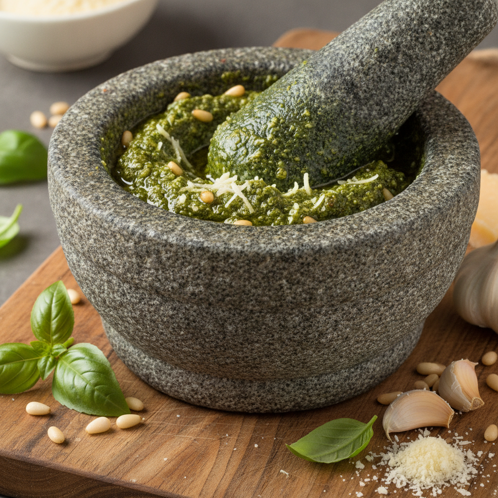 Close-up of fresh basil pesto in a mortar, ideal for Italian appetizers with pesto at Bellissimo Pizza & Pasta