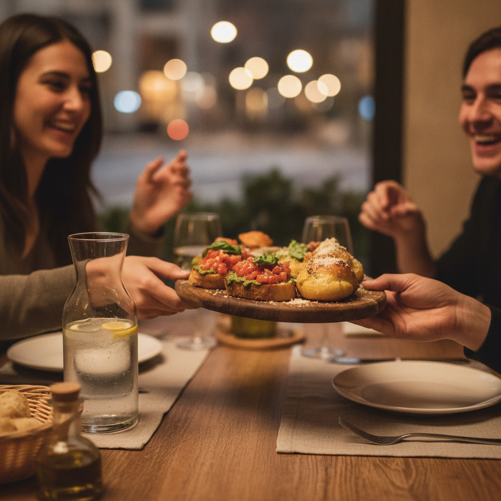 Friends sharing Italian starters with pesto at a cozy Edmonton restaurant table