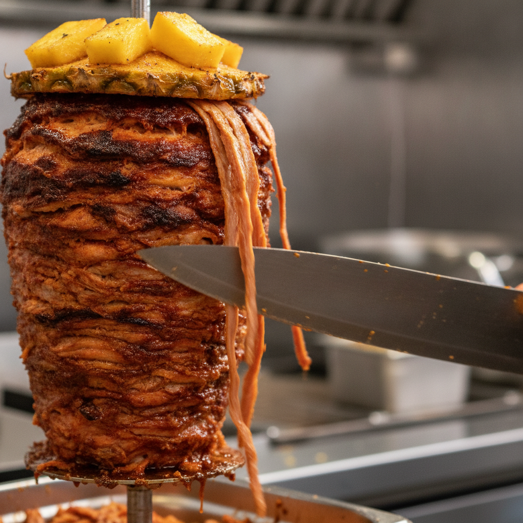 Close-up of tacos al pastor being shaved from a trompo, illustrating grilled Mexican specialties explained for texture and char