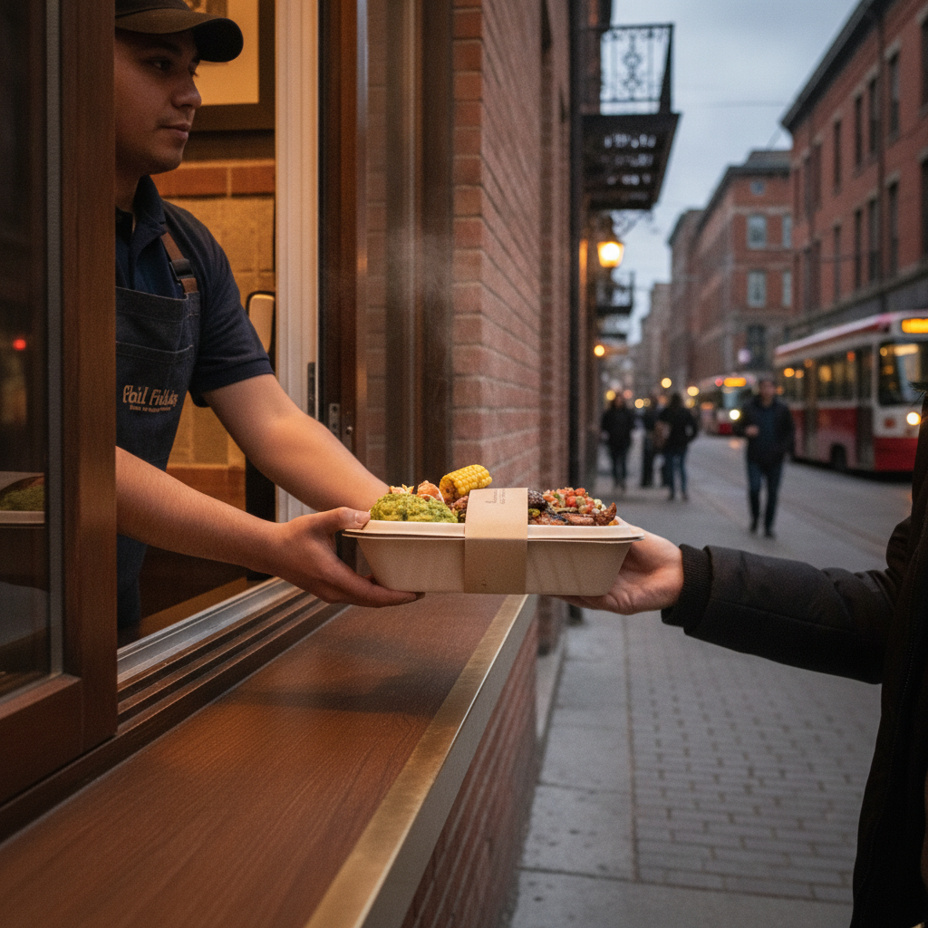 Old Toronto street handoff of a Mexican grill takeout platter, showing portability and timing best practices