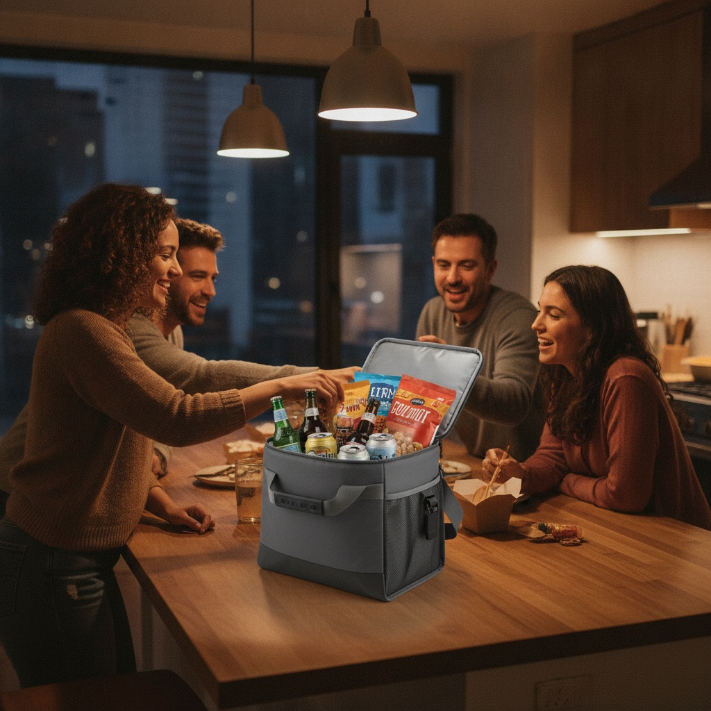 Friends opening a delivered cooler bag with beer, mixers, and snacks during a late-night delivery in Calgary