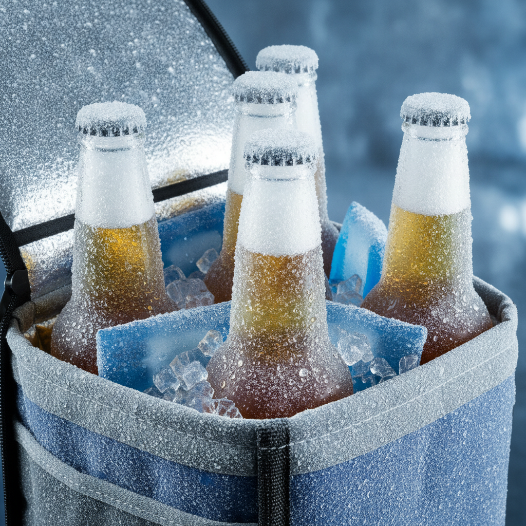 Close-up of frosty beer bottles in an insulated delivery bag with ice packs for fast beer delivery in Calgary