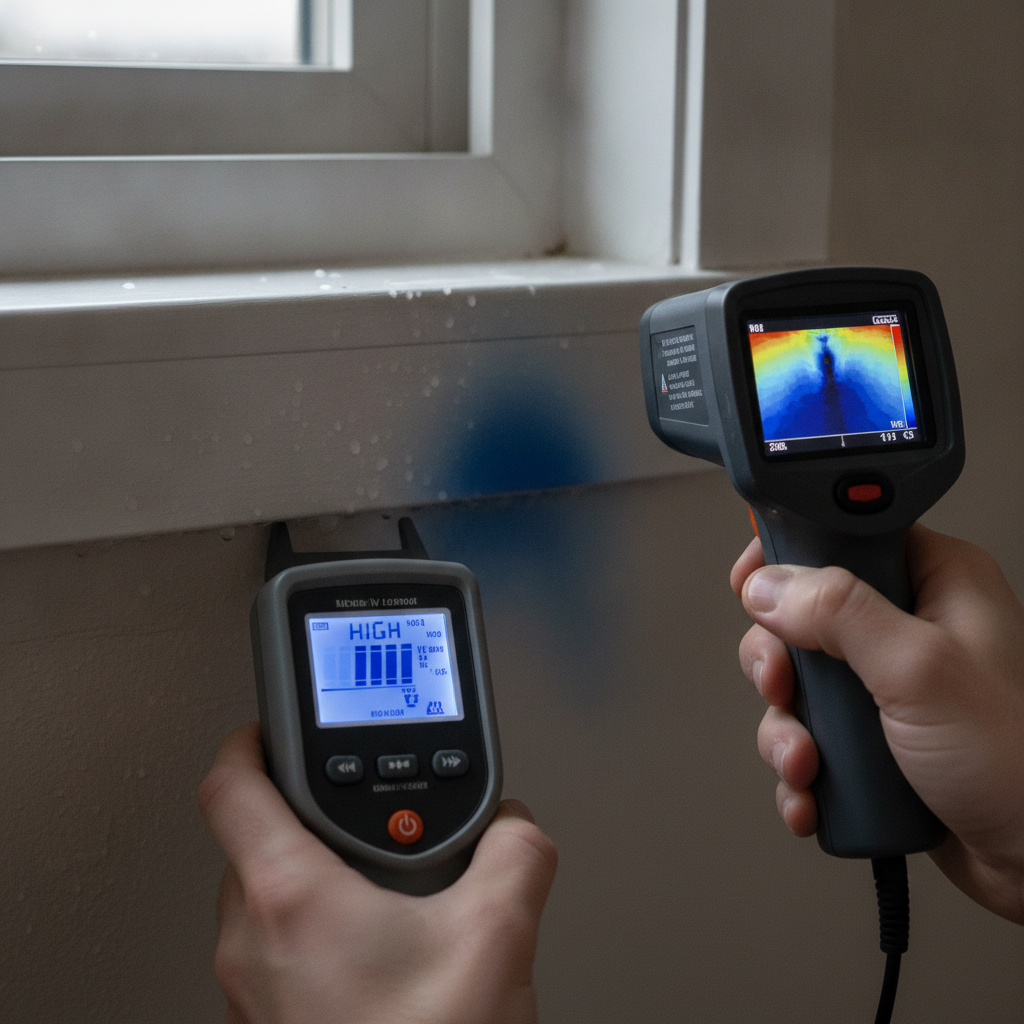 Thermal camera and moisture meter used during a home inspection report to identify hidden moisture near a window