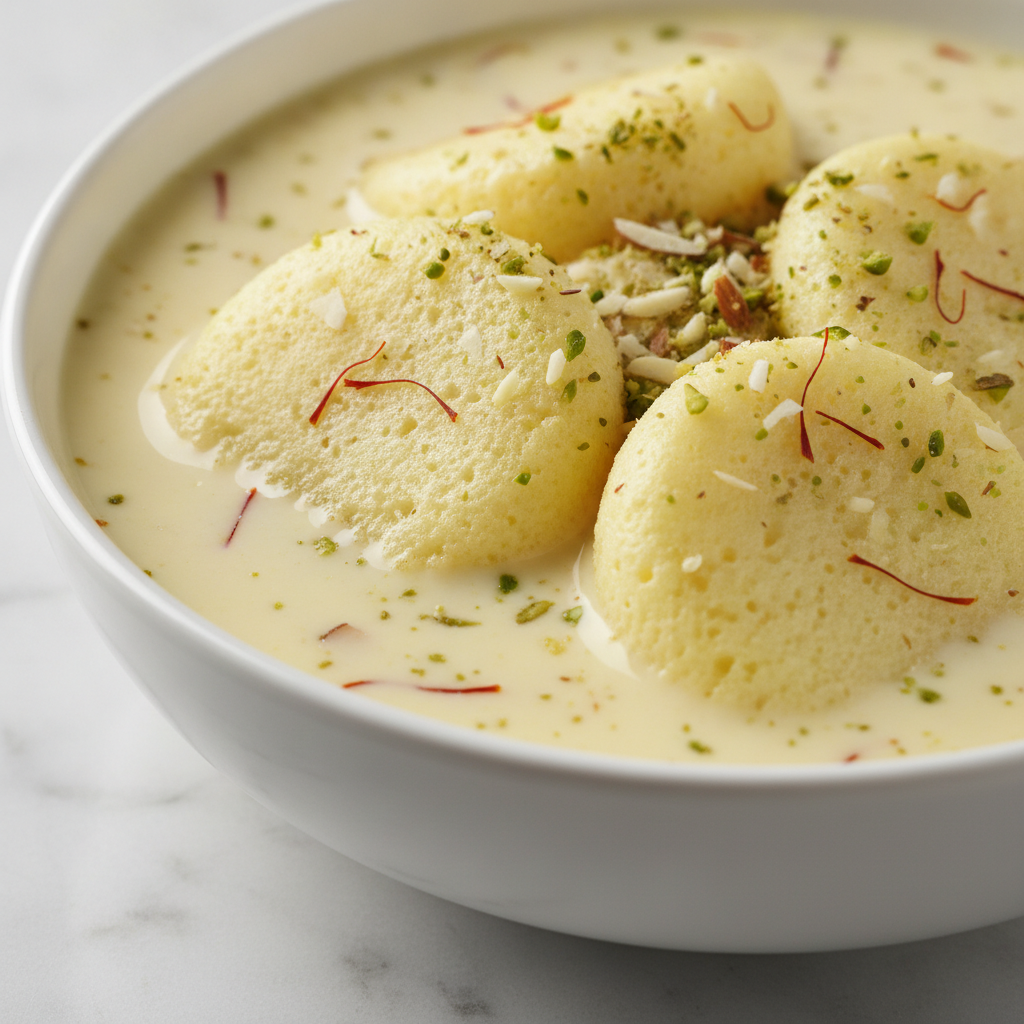 Rasmalai close-up showing saffron milk and pistachio garnish from The Mithai Maharaja, best Indian sweets in Brampton