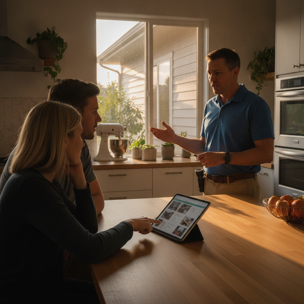 Couple reviewing a PDF home inspection report on a tablet with the inspector pointing out exterior siding issues