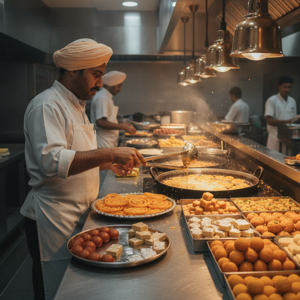 Halwai frying jalebi in pure ghee at The Mithai Maharaja kitchen in Brampton, showcasing authentic Punjabi sweets craftsmanship