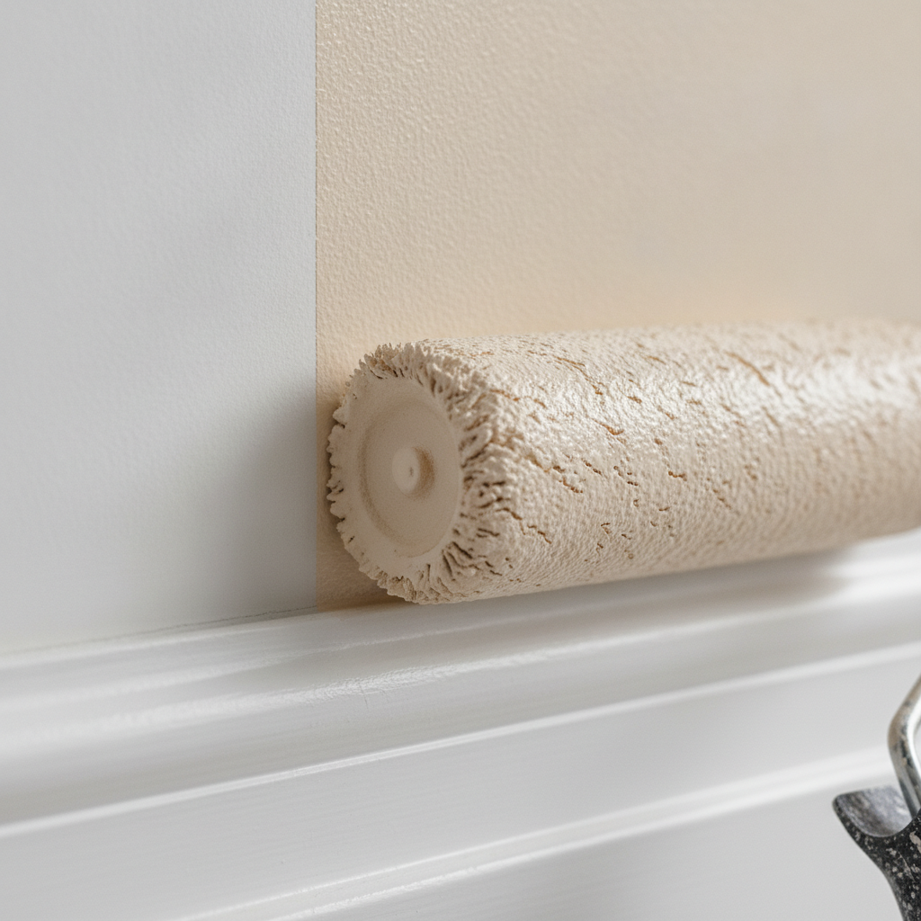 Close-up of a paint roller laying eggshell interior paint next to crisp white trim for a clean, durable finish