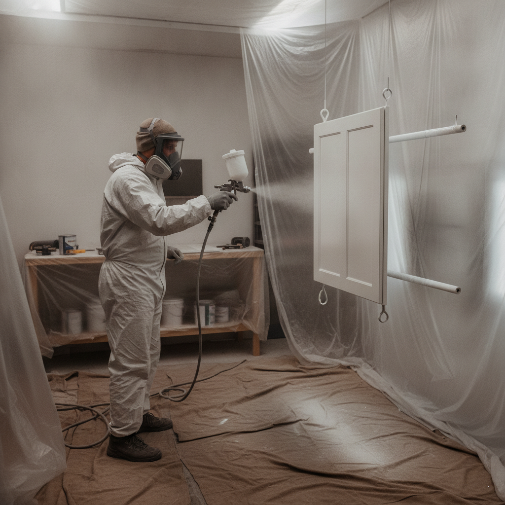 Professional HVLP spray painting of kitchen cabinet doors with protective sheeting and clean workspace for durable finishes