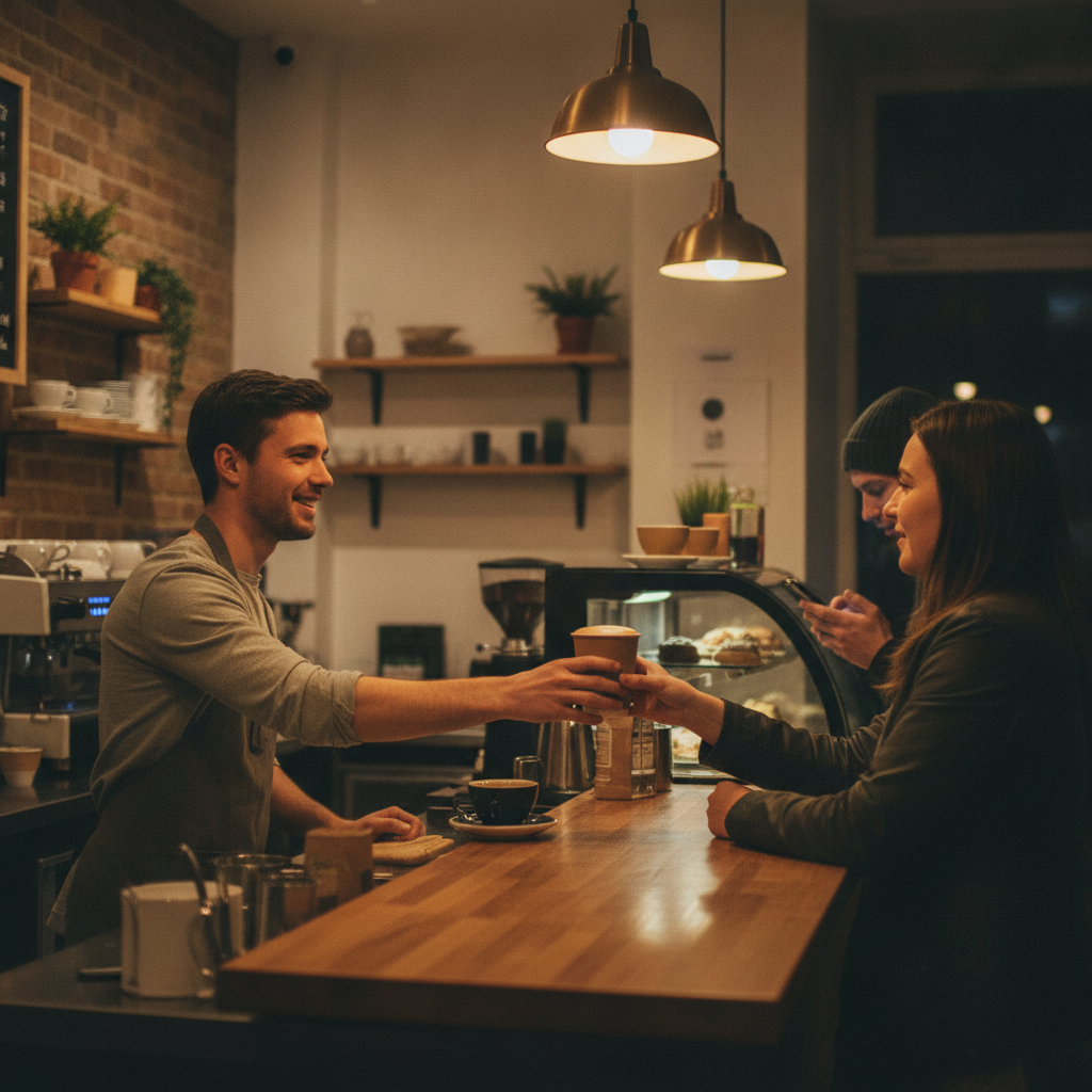 Lifestyle scene showing real-world engagement influenced by paid social media advertising, with a customer at a retail counter on a smartphone
