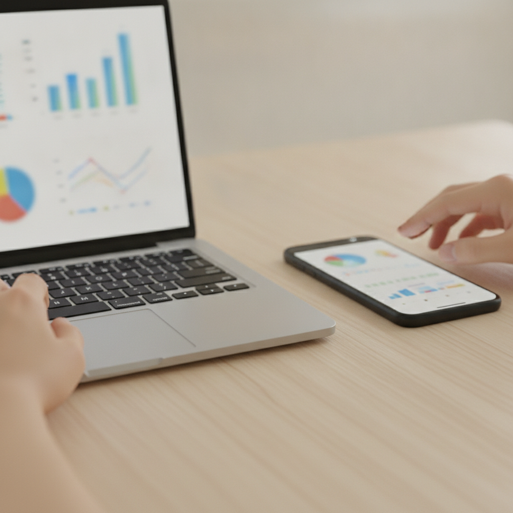 Close-up of devices used to run paid social media advertising campaigns, reflecting analytics and creative testing on laptop and phone