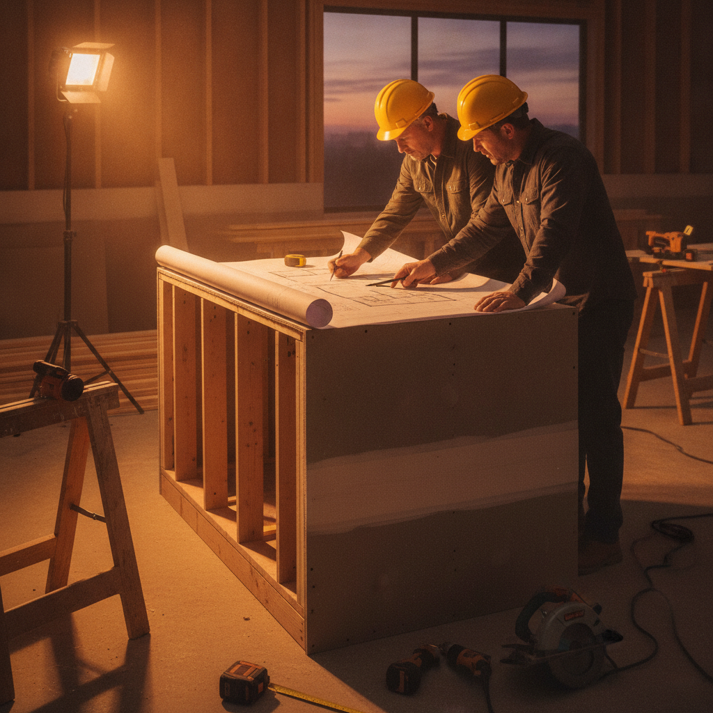 Contractors reviewing kitchen renovation floor plan beside a partially installed island in Edmonton