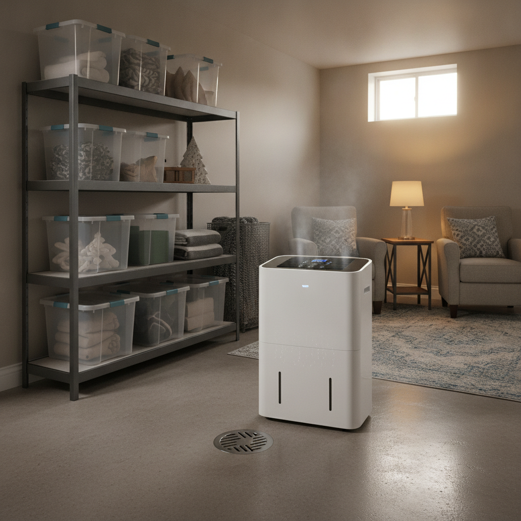 Basement dehumidifier running to keep humidity at 30–50% for preventing mold growth