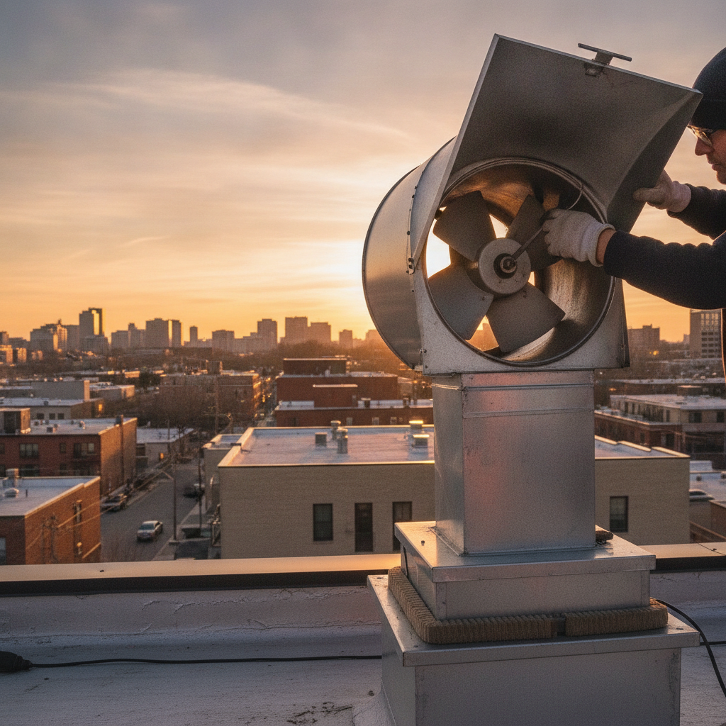 Rooftop upblast exhaust fan open on hinge kit during commercial hood cleaning inspection in Ontario, showing grease containment and clean blades